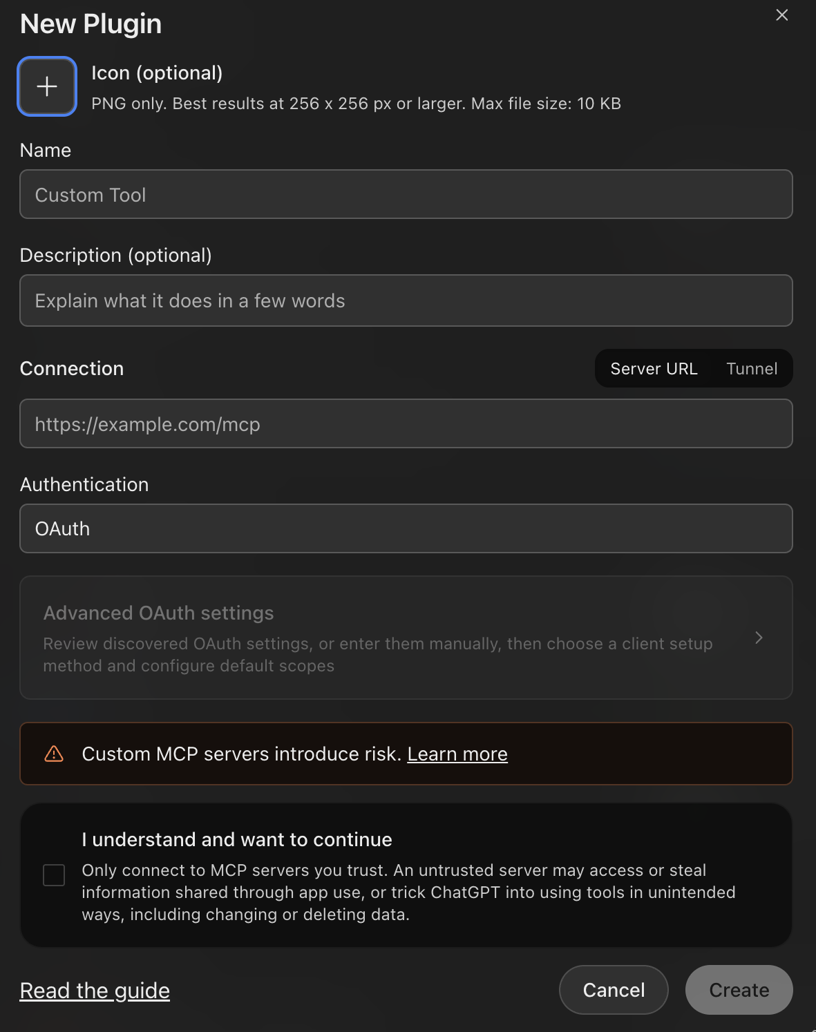 ChatGPT New Plugin setup with name, connection, and authentication fields