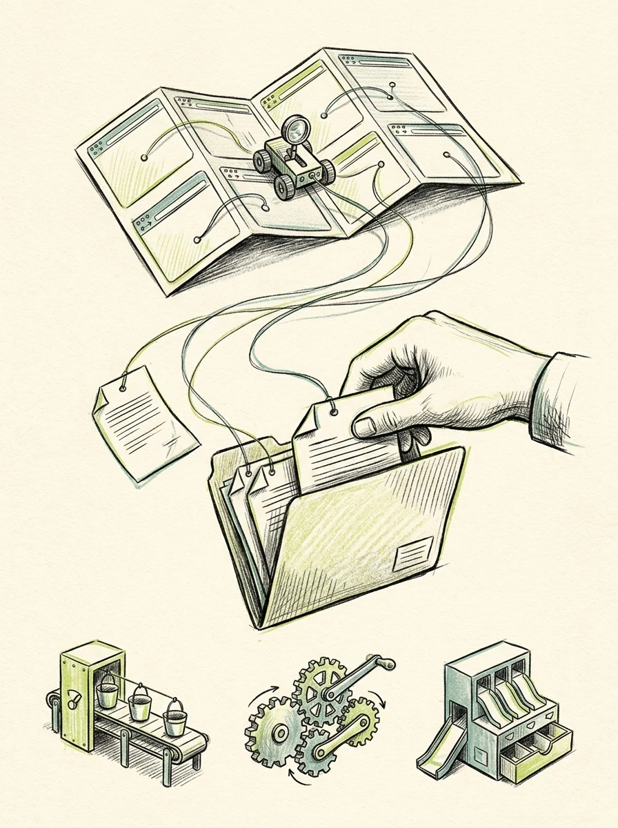 Illustrative ink field notes artwork for extract website documents.