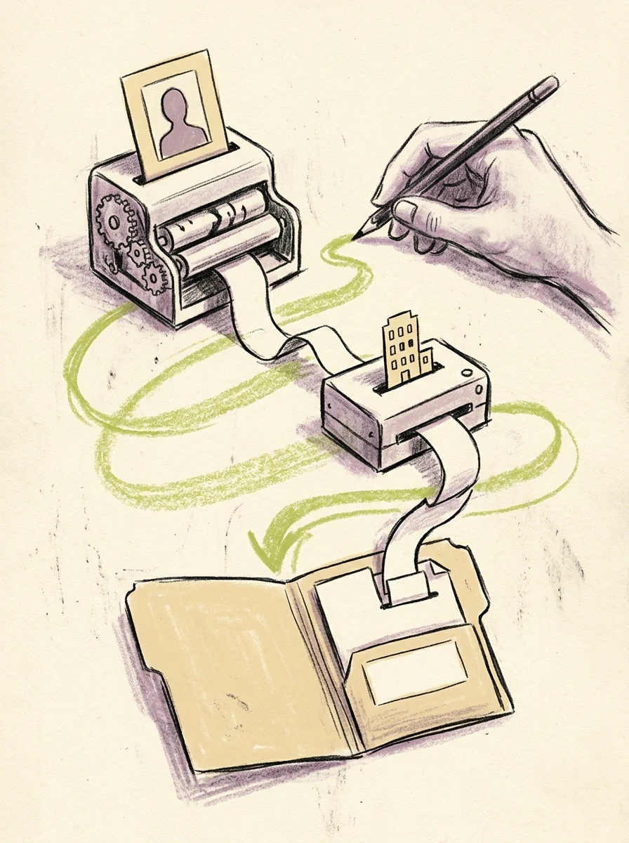 Illustrative wax pencil routes artwork for enrich contacts with company data.