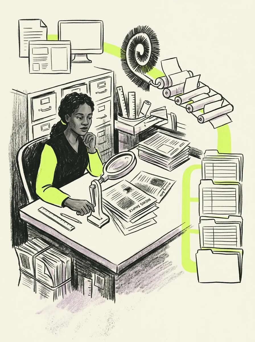 Illustrative wax pencil routes artwork for build a news source timeline.