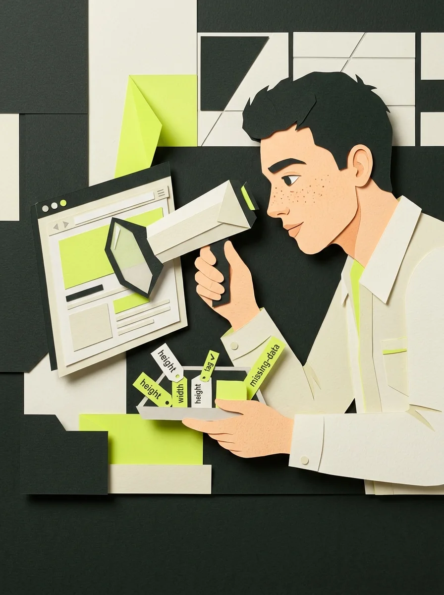 Illustrative cut paper workshop artwork for check image dimensions in markup.