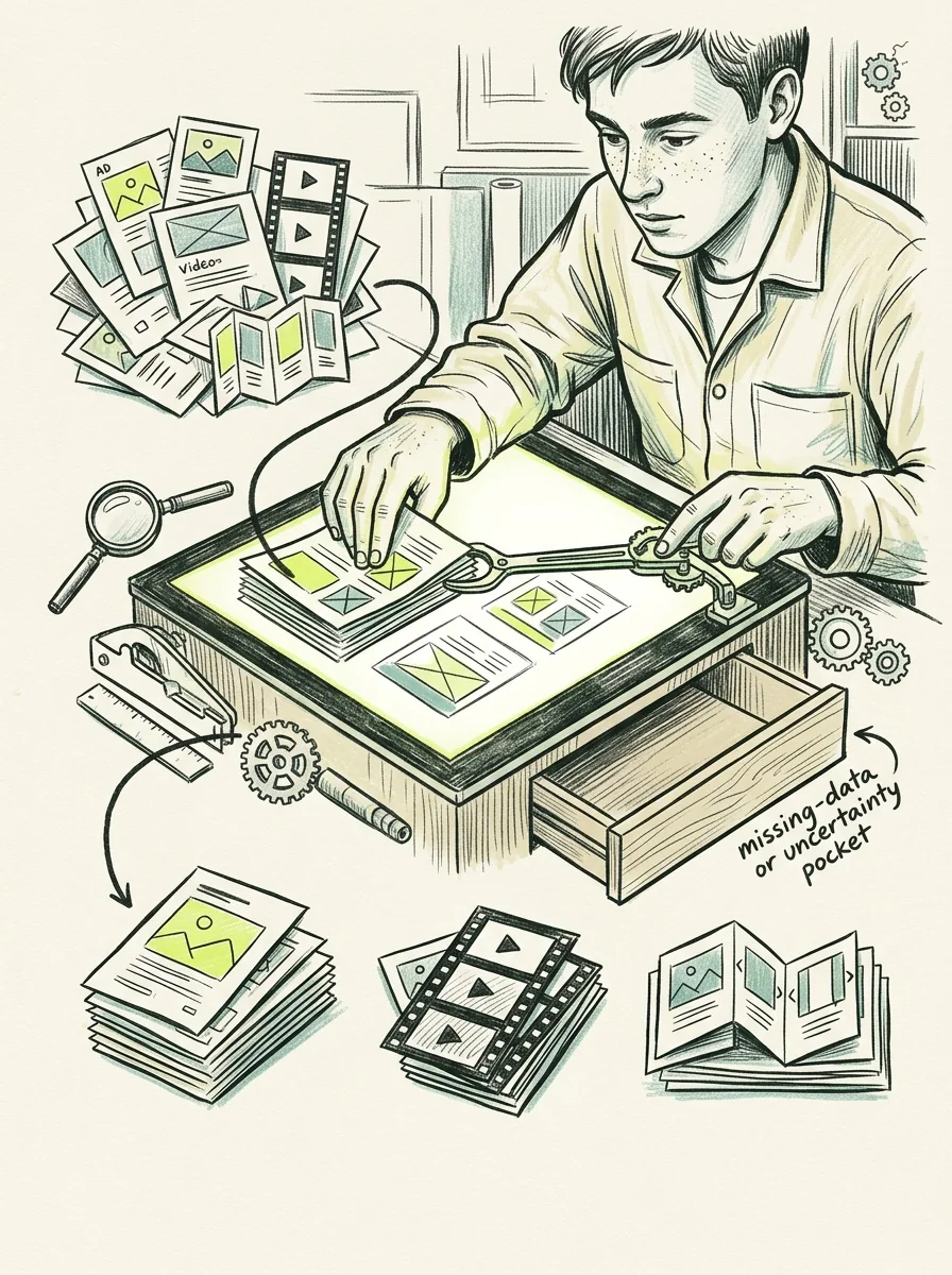 Illustrative ink field notes artwork for compare ad formats.