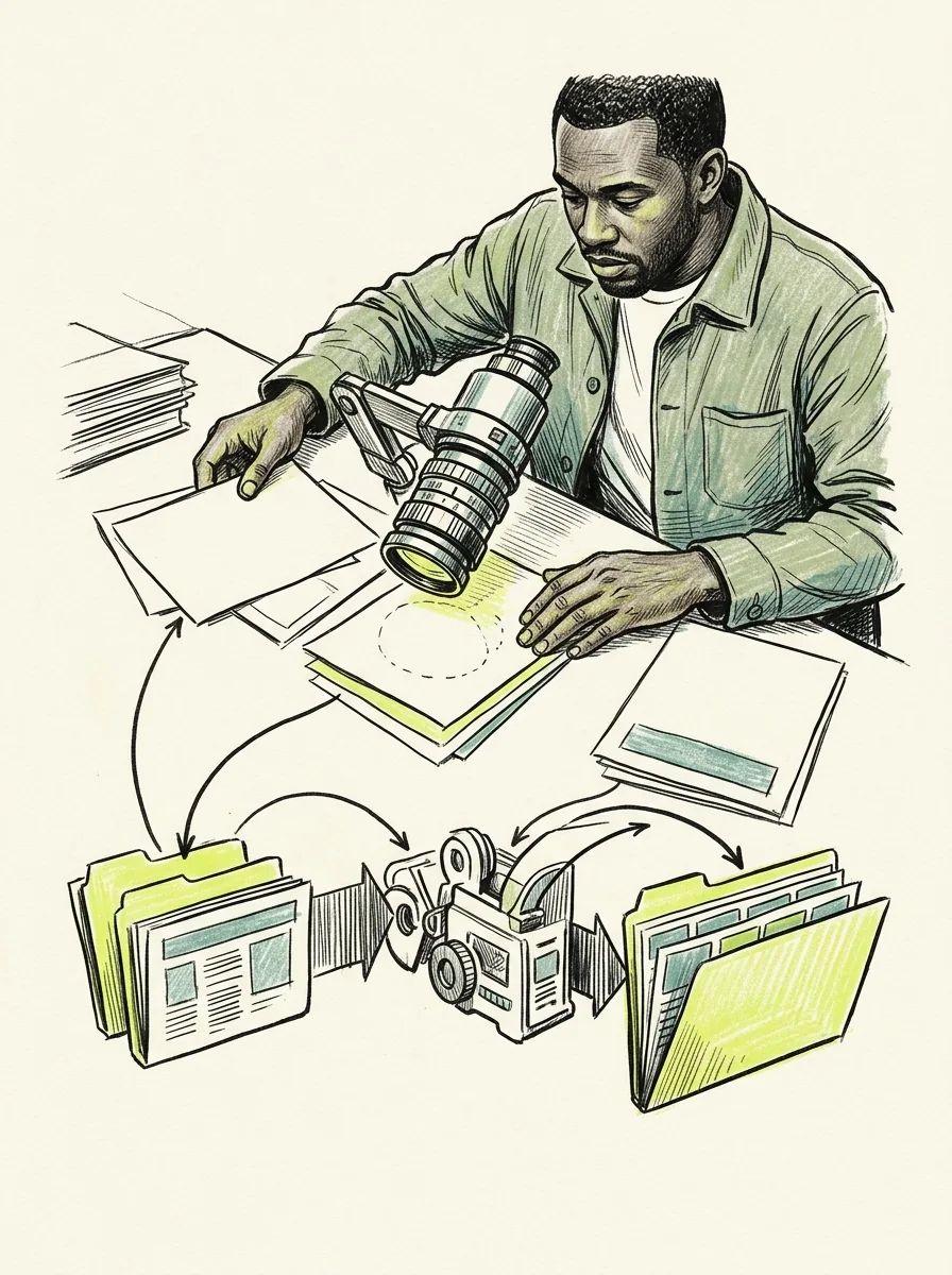 Illustrative ink field notes artwork for compare news source coverage.