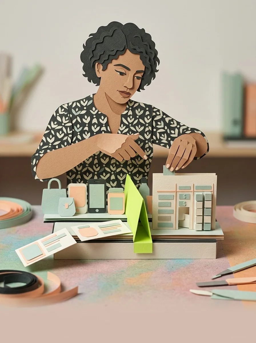 Illustrative cut paper workshop artwork for compare product variants.