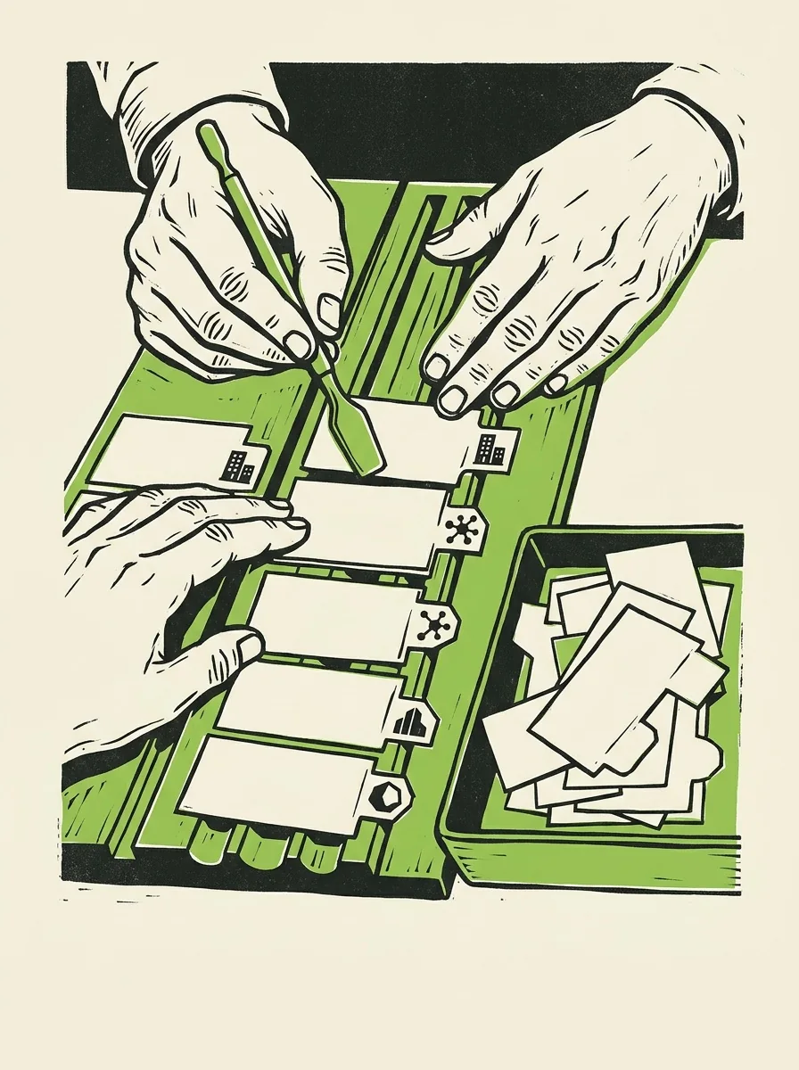 Illustrative signal screenprint artwork for deduplicate enriched contacts.