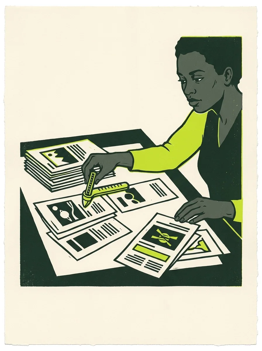Illustrative signal screenprint artwork for find ad keyword usage.