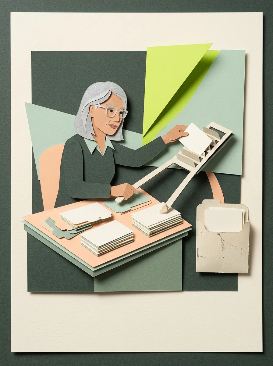 Illustrative cut paper workshop artwork for find and verify a work email.