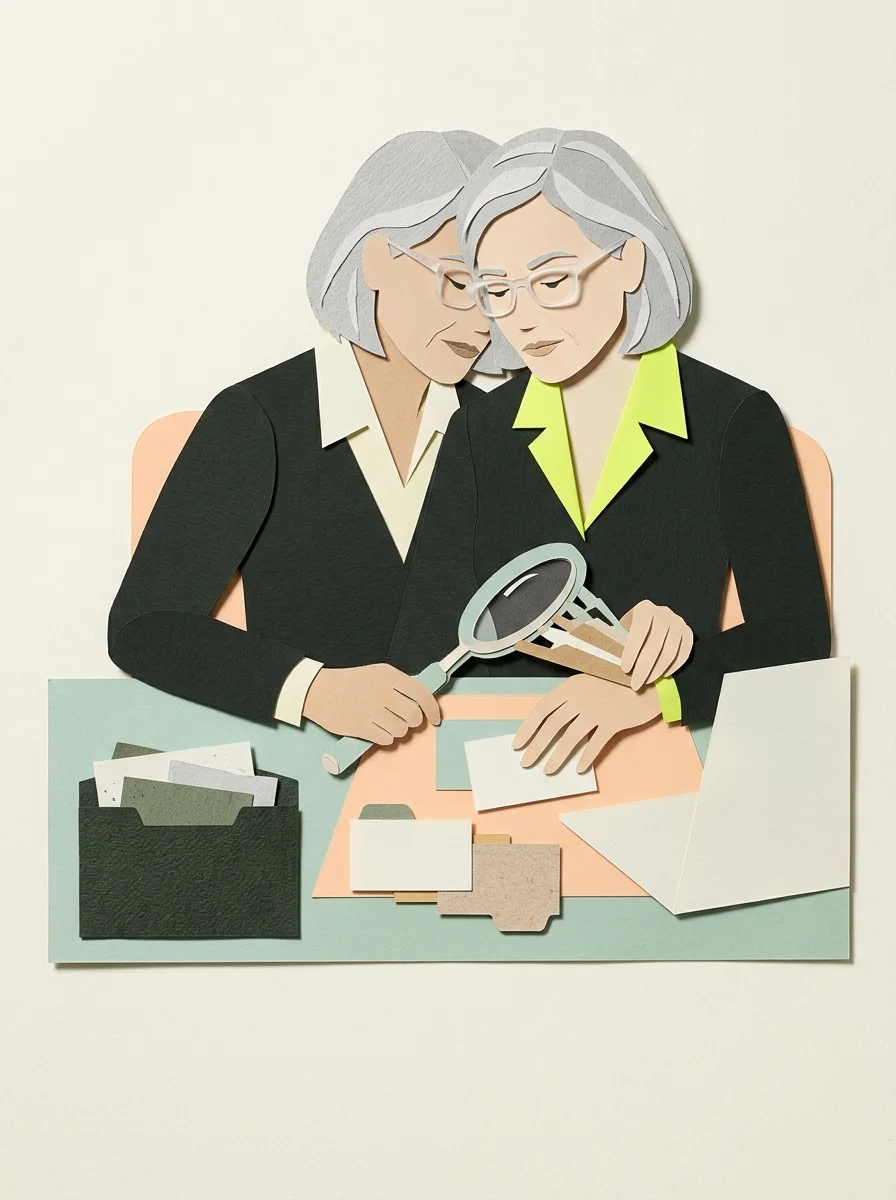 Illustrative cut paper workshop artwork for find contact social profiles.