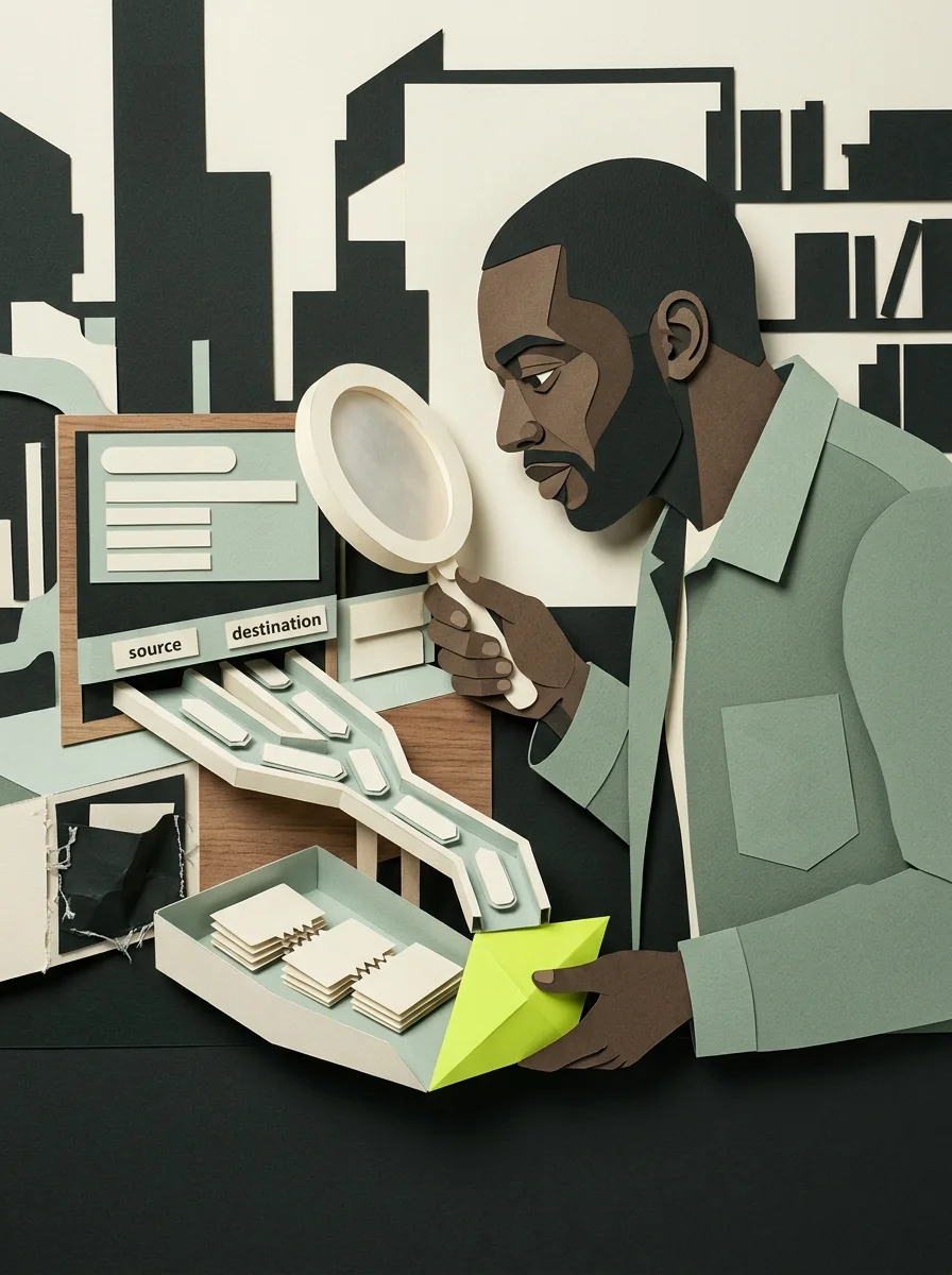 Illustrative cut paper workshop artwork for find duplicate backlinks.