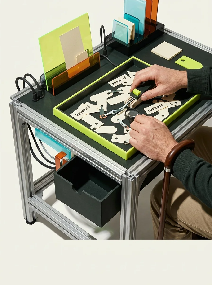 Illustrative flash workbench artwork for find links to redirected pages.