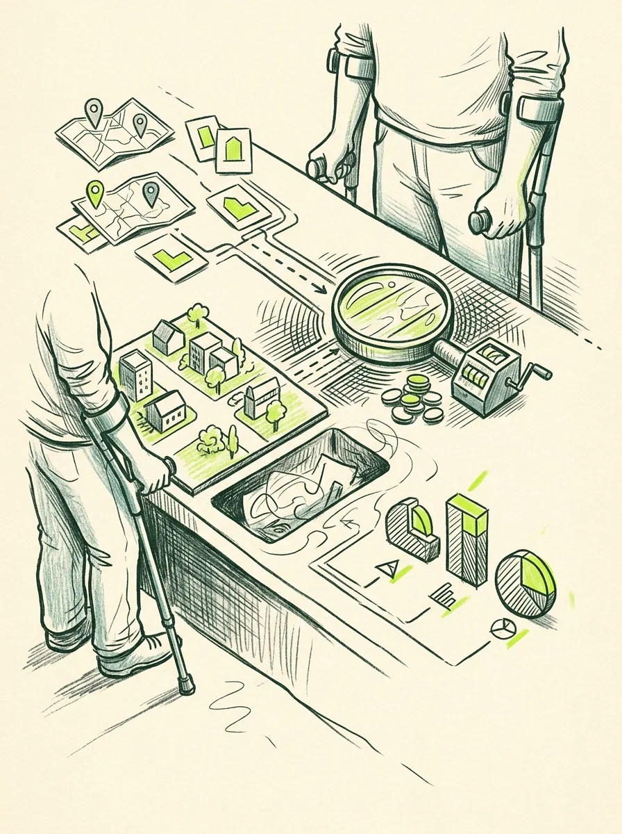 Illustrative ink field notes artwork for find local category differences.