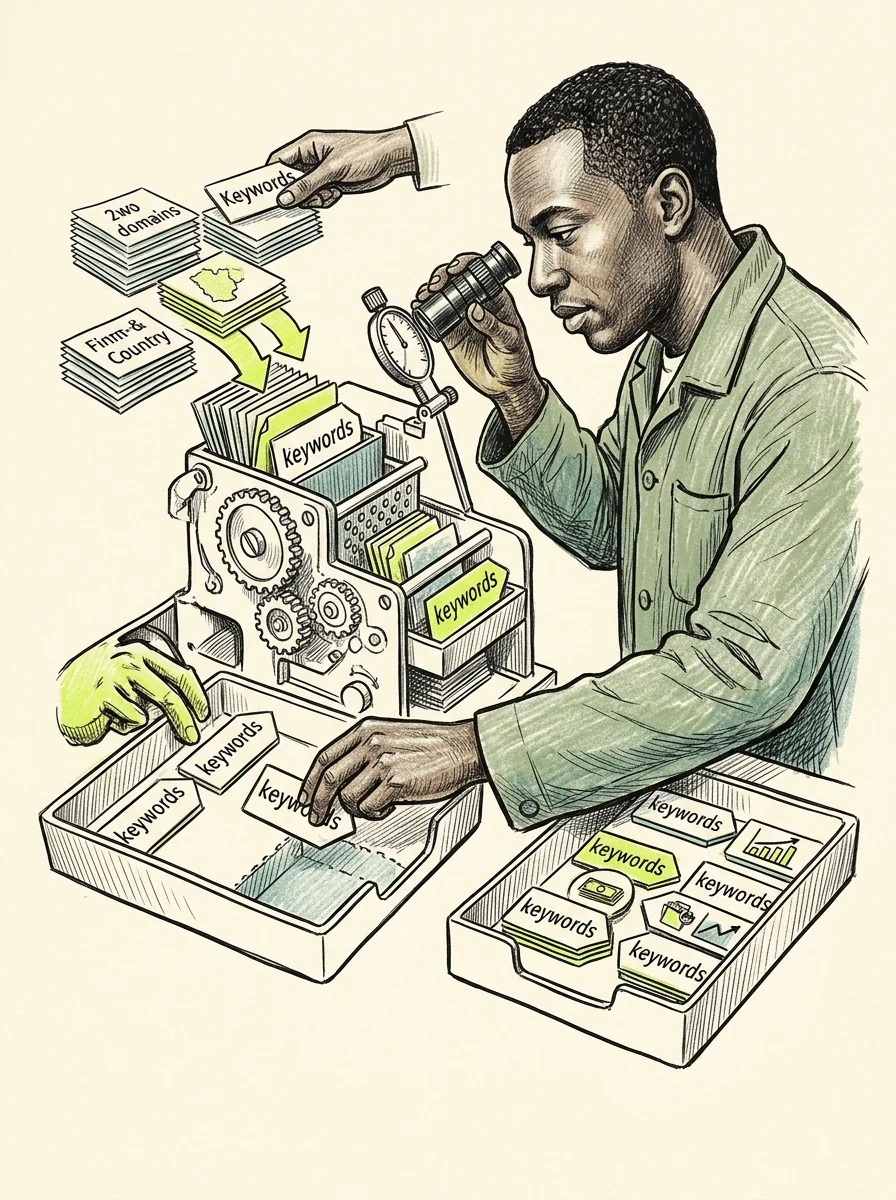 Illustrative ink field notes artwork for find missing commercial keywords.