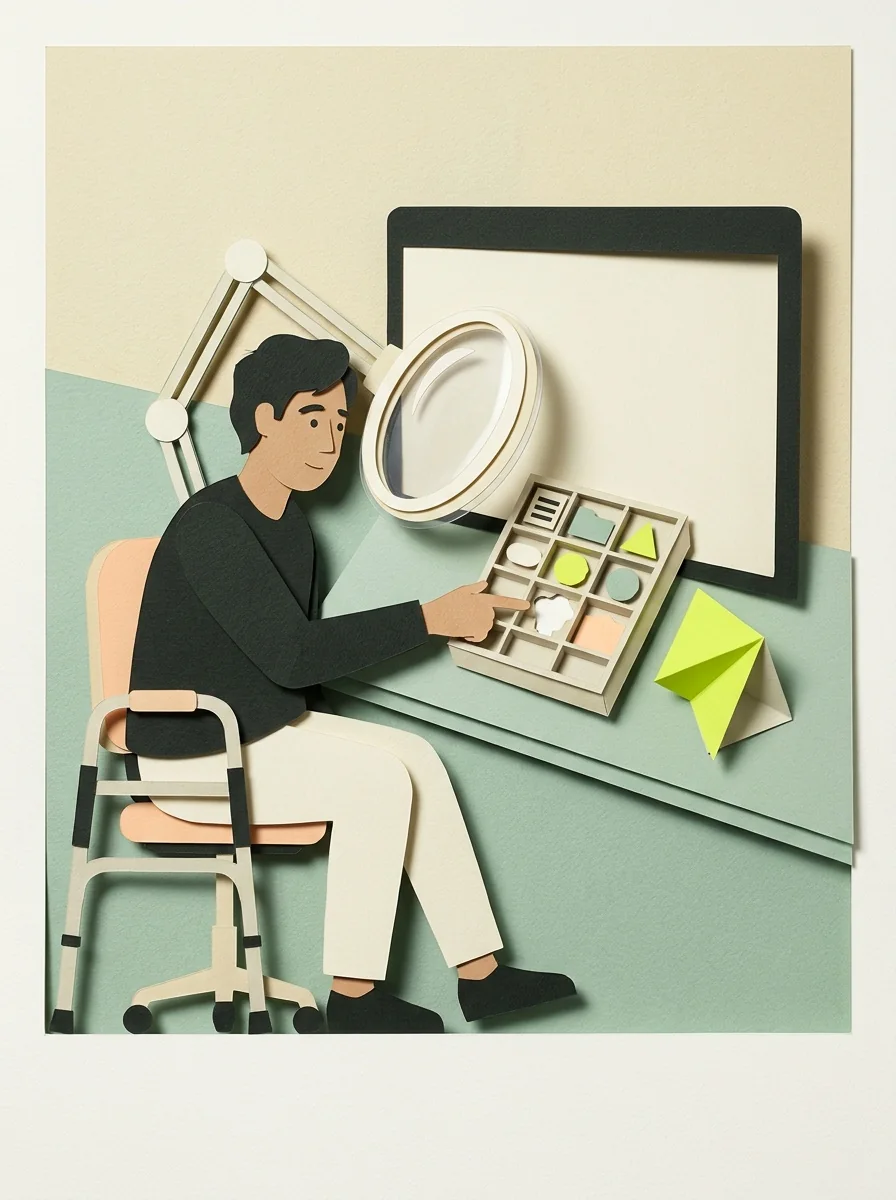 Illustrative cut paper workshop artwork for find missing descriptions.