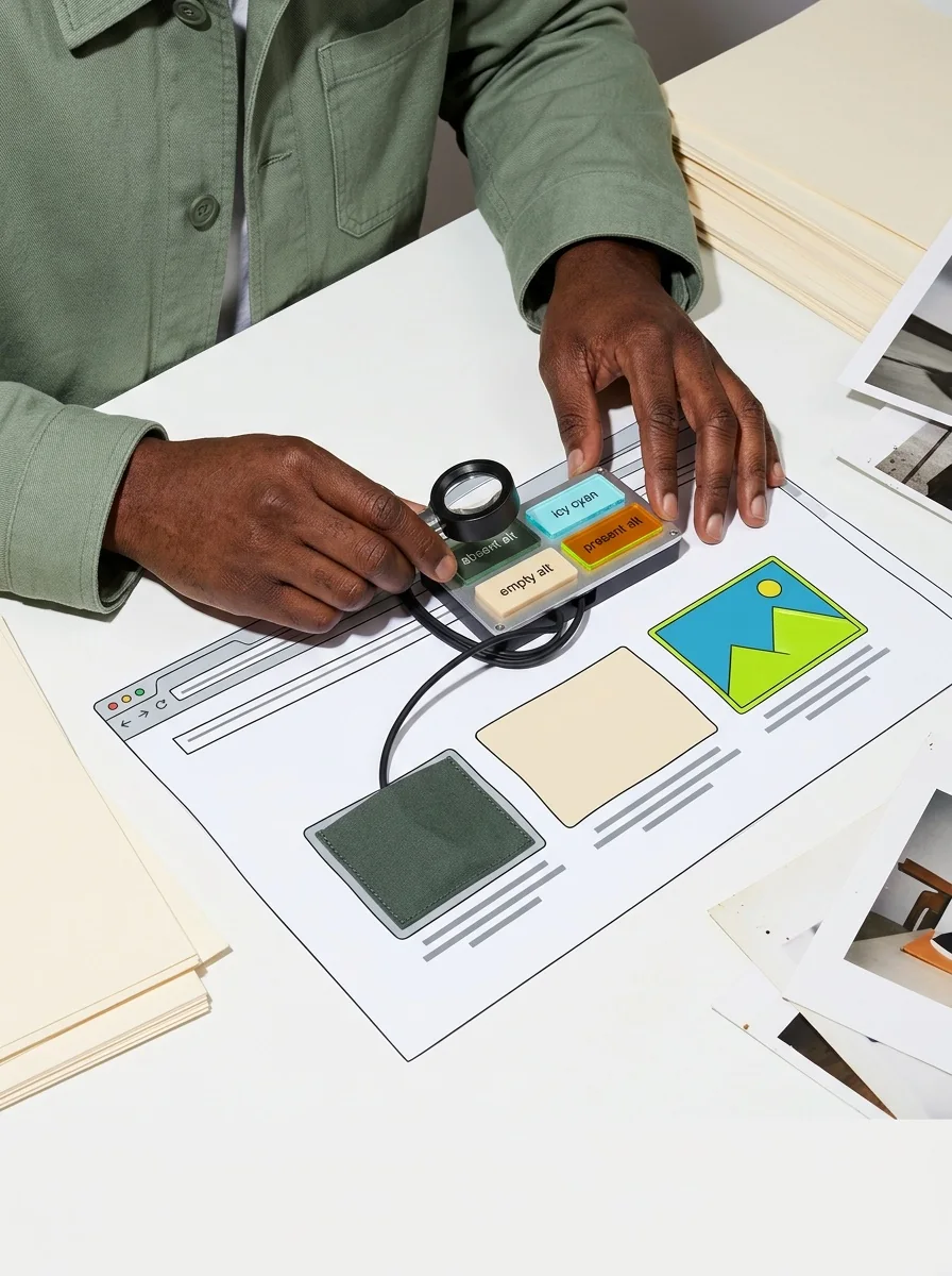 Illustrative flash workbench artwork for find missing image alt text.
