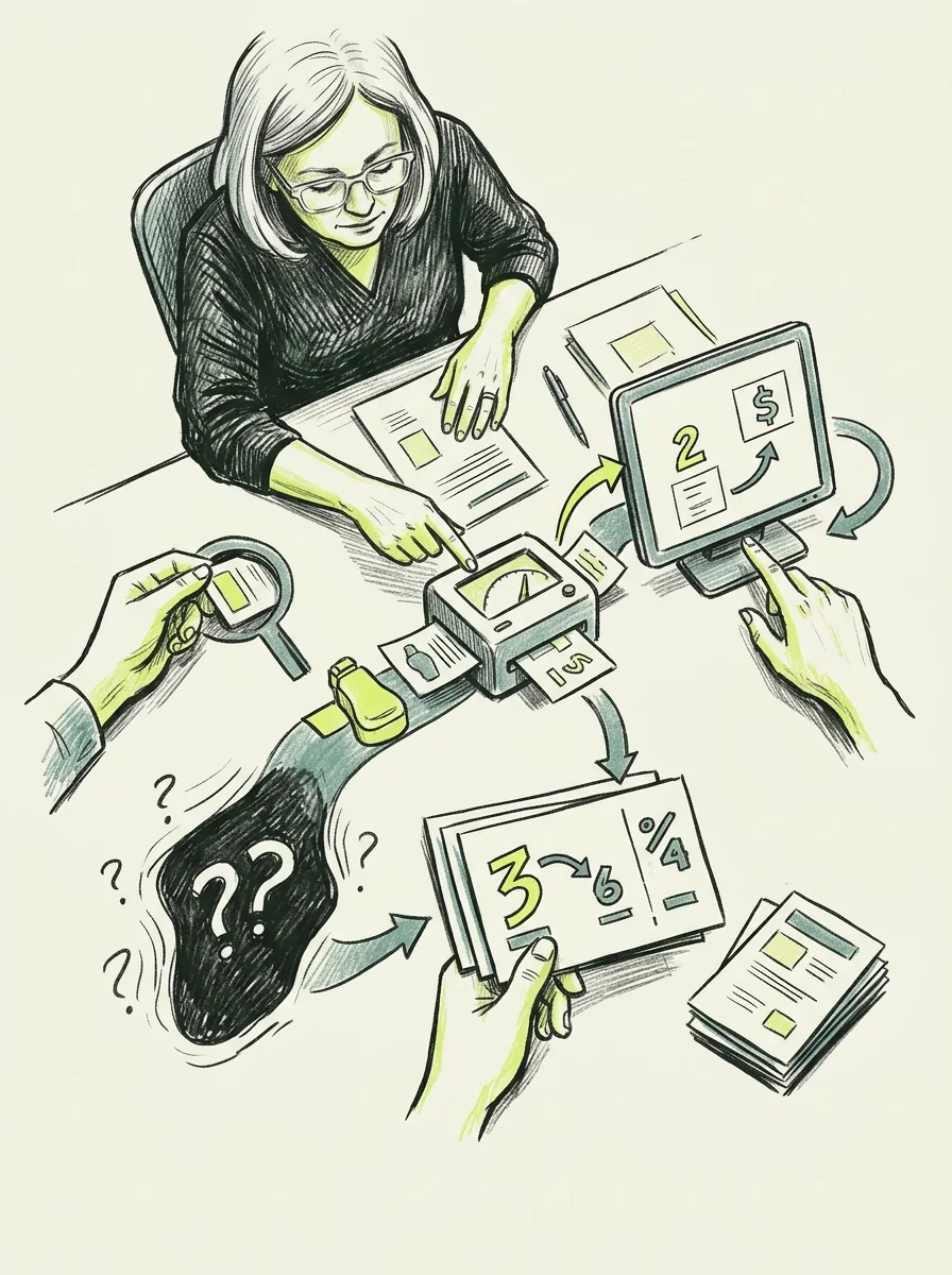 Illustrative ink field notes artwork for find product discount evidence.