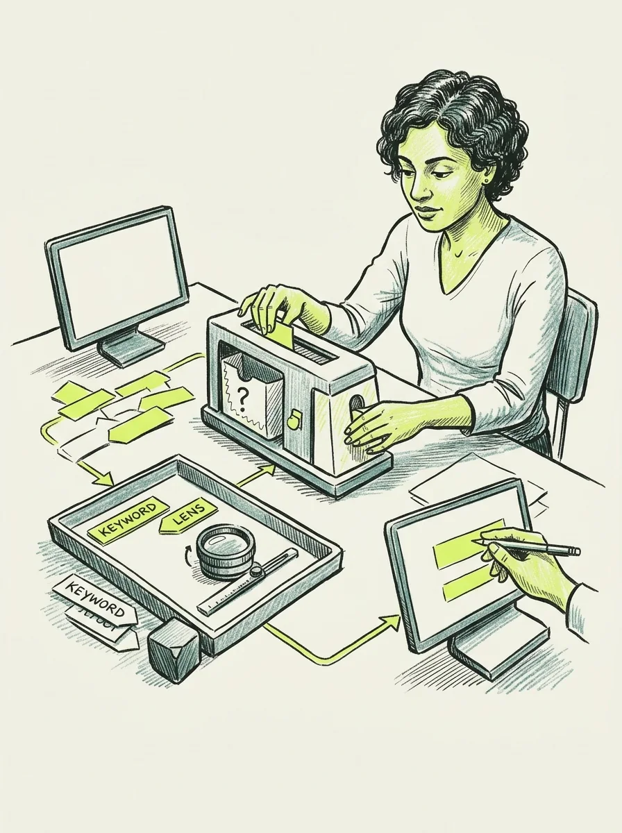 Illustrative ink field notes artwork for find unique ranking keywords.